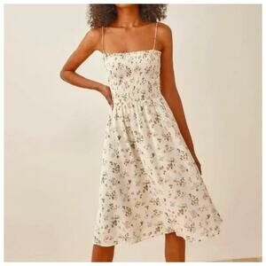 NWT Reformation Sable Smocked Tie Shoulder Carine Floral Cream Midi Dress XL
